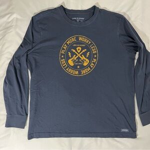 Life Is Good Men’s XL Long Sleeve Blue Guitars Play More And Worry Less T Shirt